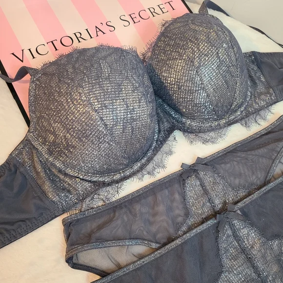 VS Dream Angels 3pc Bra & Panties Set Size 34E/med ☆ Gray Sparkle Lace - Picture 3 of 7